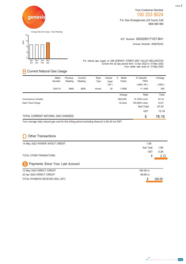 download New Zealand Genesis Gas utility bill template in Word and PDF format, 3 pages 2 PDF template